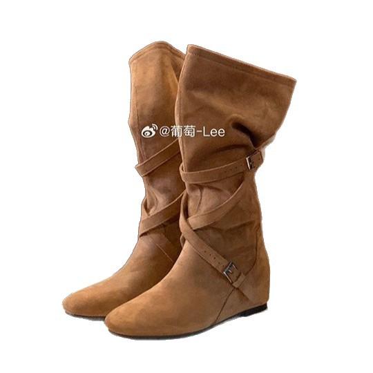 Cowhide version~ retro suede lazy western cowboy boots women's pleated stacking boots big tube circumference thin medium tube boots