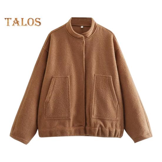 

Зимнее женское пальто кардиган с длинными рукавами однотонный цвет воротник стойка карманы свободная средняя длина теплая куртка для шопинга и поездок на работу M