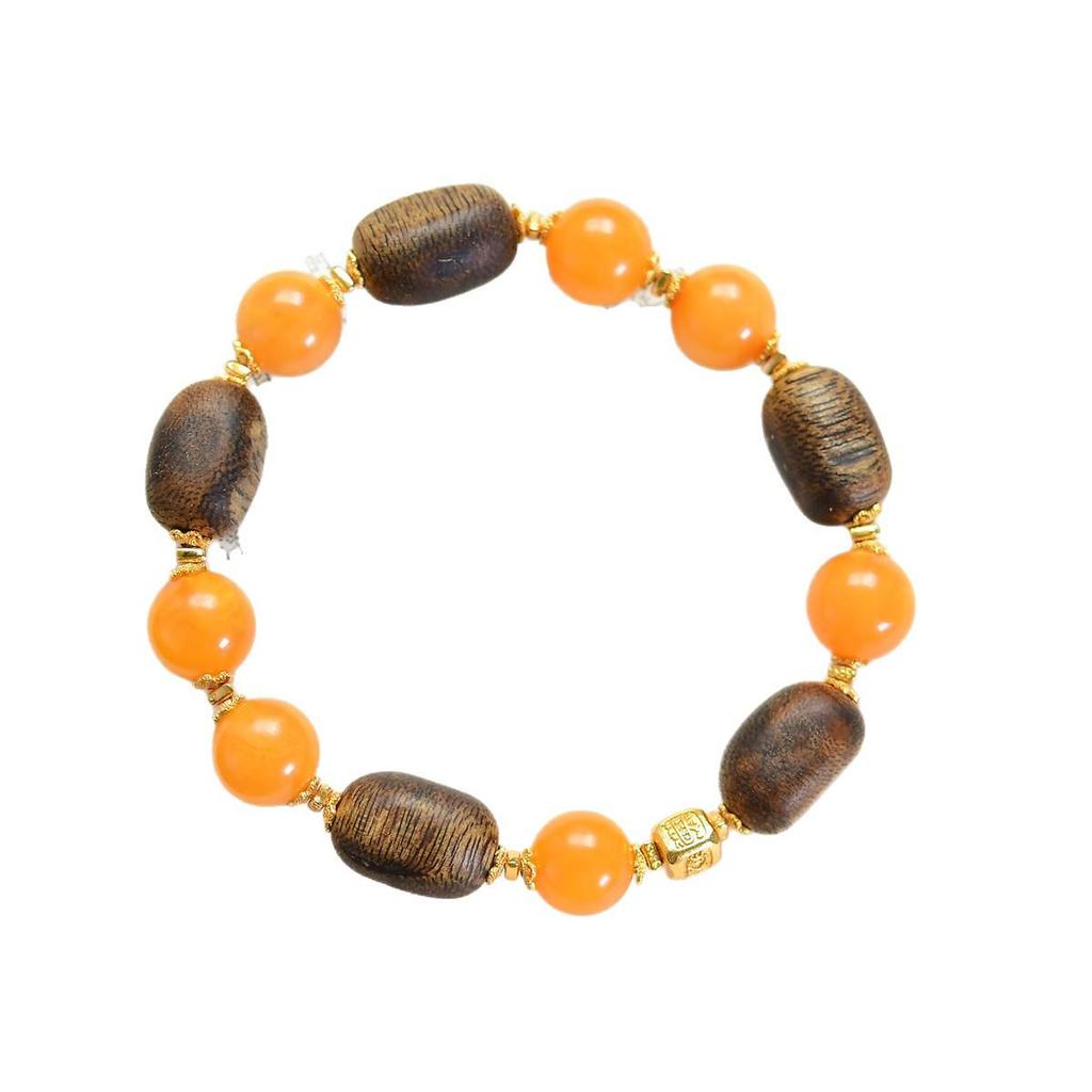 Green Kinam Agarwood Jujube & Amber Beaded Bracelet with 925 Silver Accents