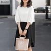 ZANZEA Women Round Neck 3/4 Sleeve Loose Patchwork Summer Dress