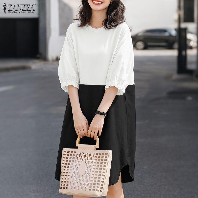 ZANZEA Women Round Neck 3/4 Sleeve Loose Patchwork Summer Dress