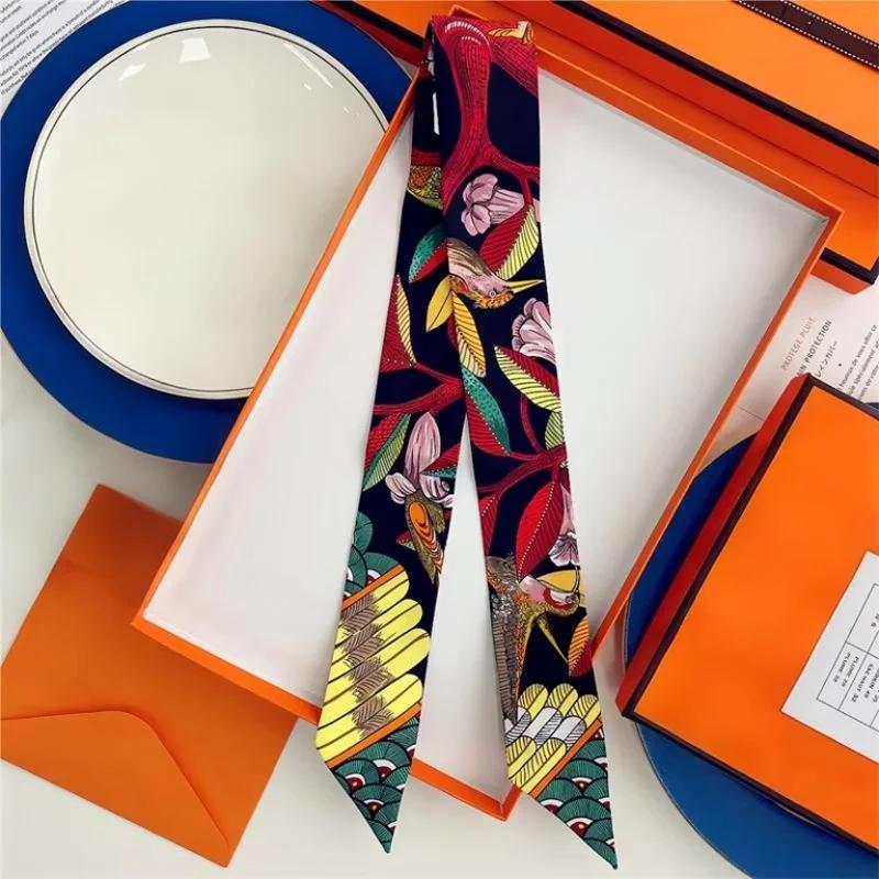 100% Silk High Quality Luxury Brand Scarf Women Headband Hair Band Foulard Tie Ribbon Neckerchief Skinny Scarves Accessories