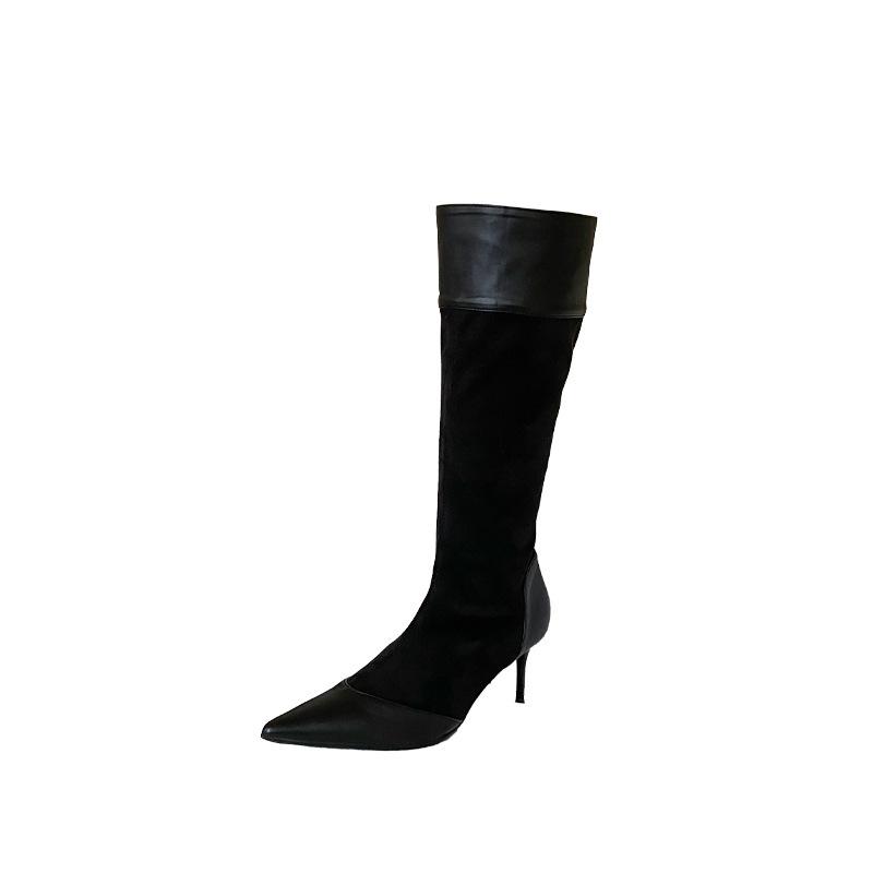 2025 autumn and winter new pointed thin heel high heel temperament French fashion splicing suede sexy beautiful women boots