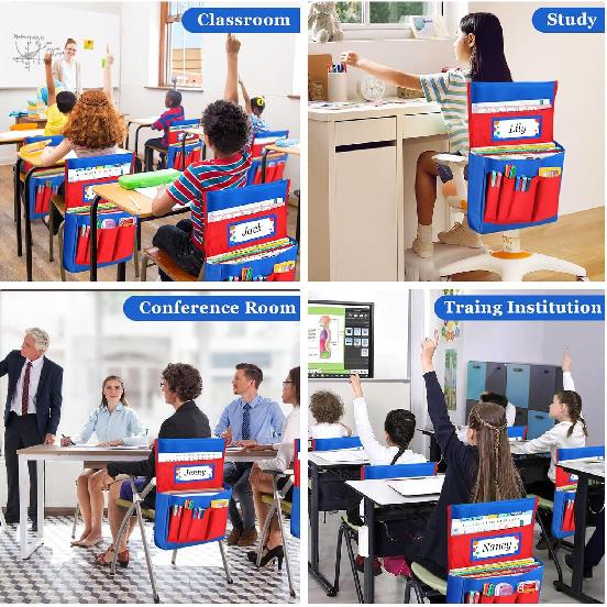 Classroom Chair Back Storage Pocket Organizer, Kids Chair Hanging Book Bag with Name Tag & Pen Pockets, Heavy Duty Oxford Fabric Student Desk Caddy