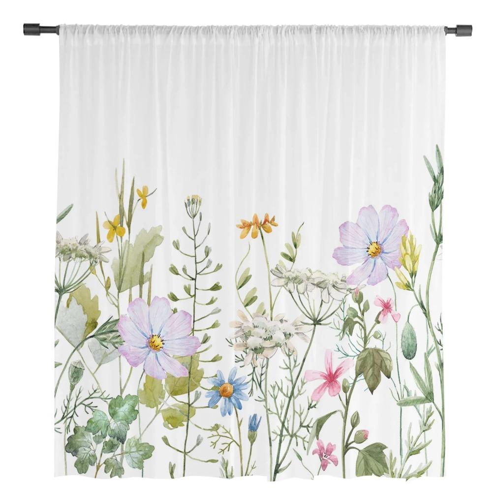 Frühlingsblumen-Vanille-Wildblumen-Vorhänge für Wohnzimmer-Dekoration, Fenstervorhang, Küche, Tüll, Voile, Organza-Vorhänge