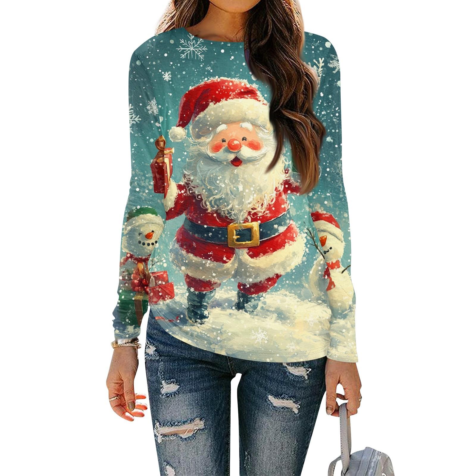 Женская мода круглый вырез пуловер с глубокими рукавами футболка с рождественским принтом — фото 4