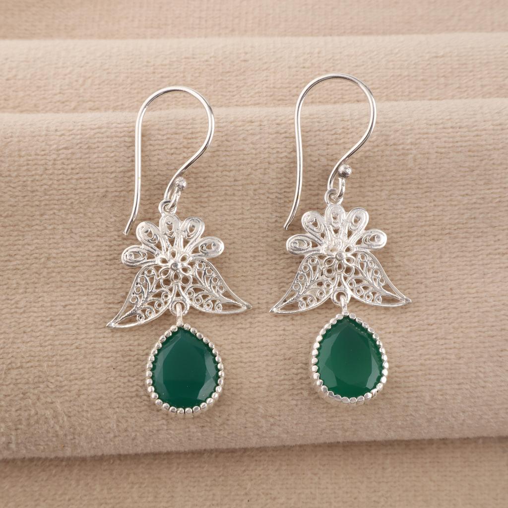 Green Onyx Gemstone 925 Sterling Silver Handmade Jewelry Dangle Earrings 1.84" May Birthmonth Jewelry For Women CE-23-15