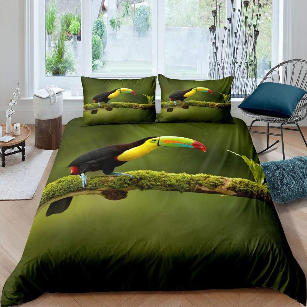 3D Toucan King Queen Duvet Cover Safari Animals Bedding Set Tropical Jungle Birds Quilt Cover Fresh Nature Green Comforter Cover
