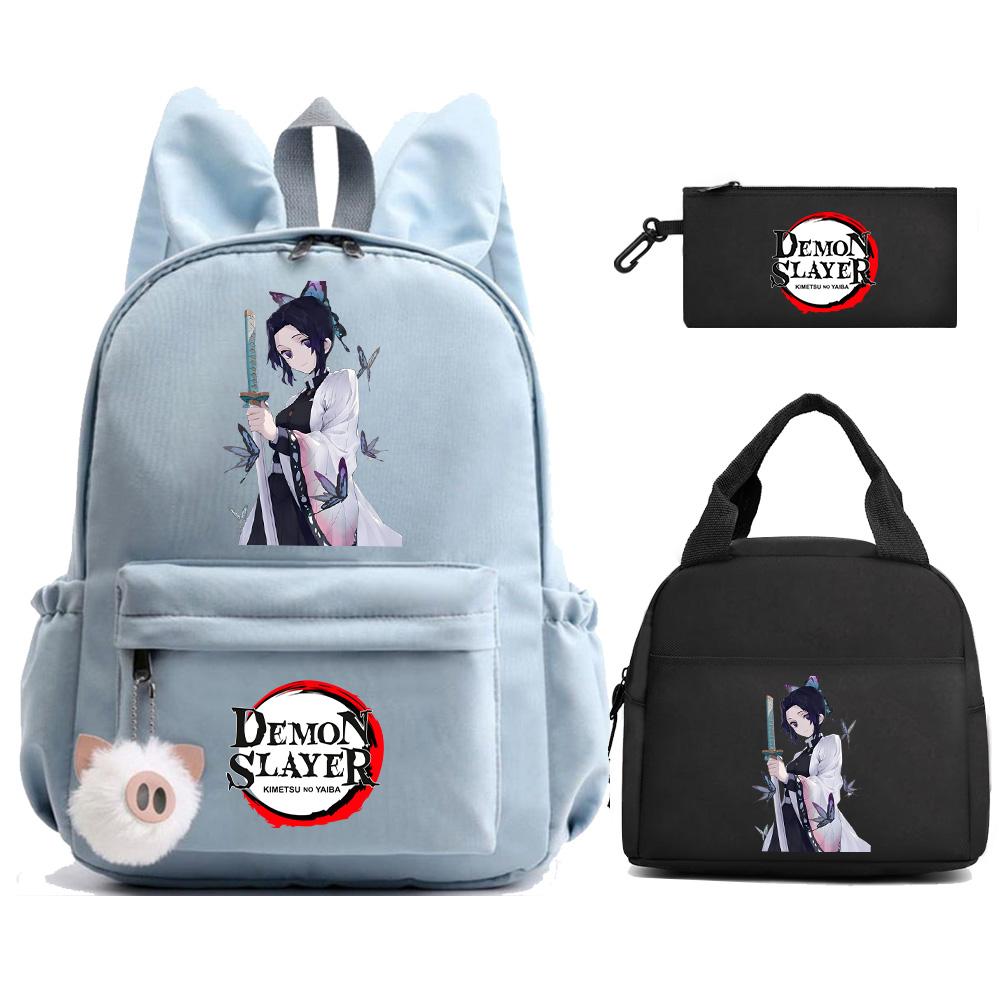 3 st/set Anime Demon Slayer Tryckt Ryggsäck Matlåda Pennfodral för Barn Elev Skolväska Dam Stor Kapacitet Vattentät Resväska Gåva