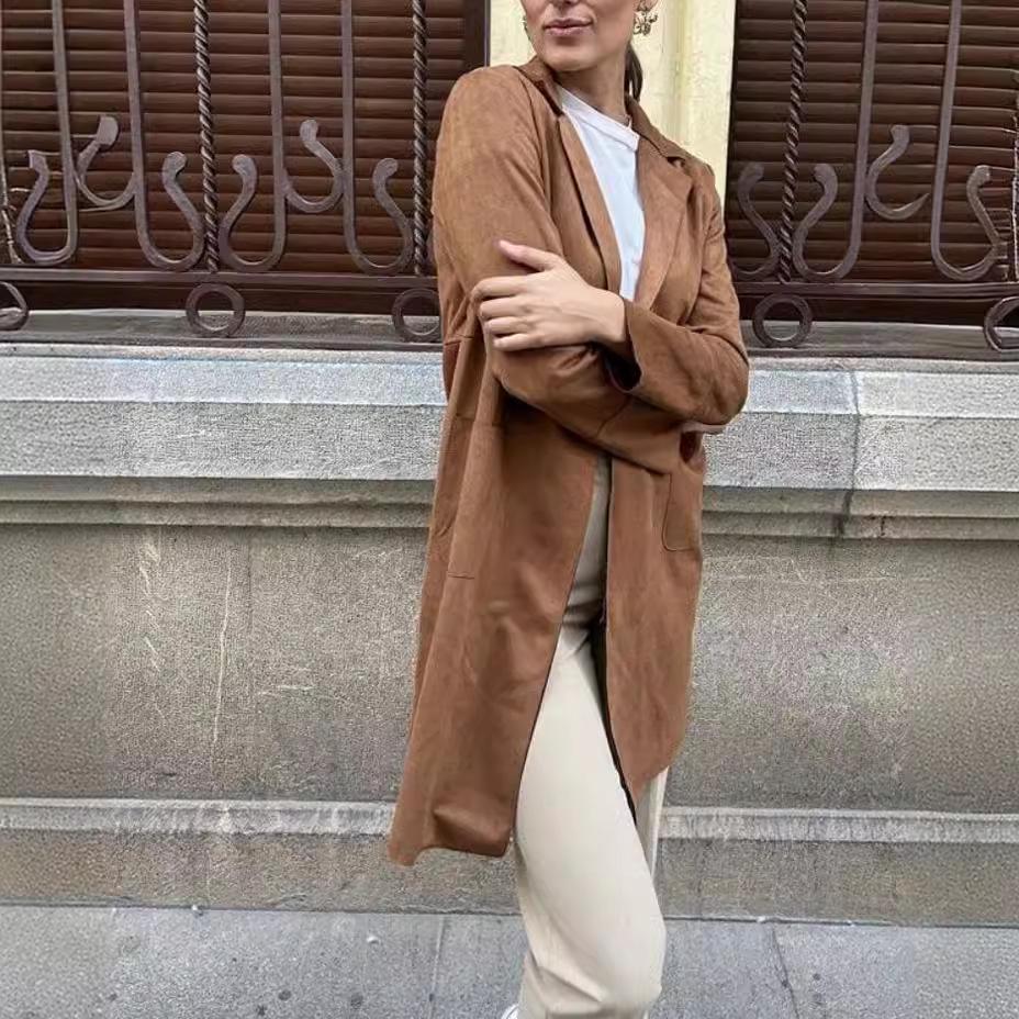 Dámský podzimní/zimní semišový kabát s límcem, ležérní větrovka