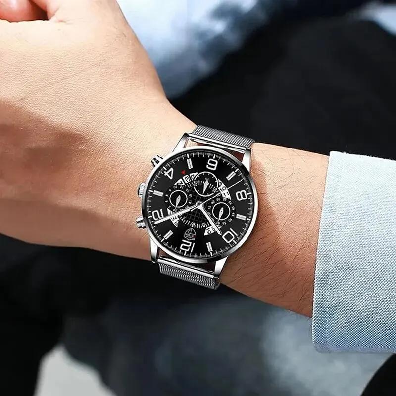 DEYROS Luxury Mens Silver Mesh Belt Stainless Steel Watches Men Business Casual Quartz Watch Simple Male Clock Reloj Hombre