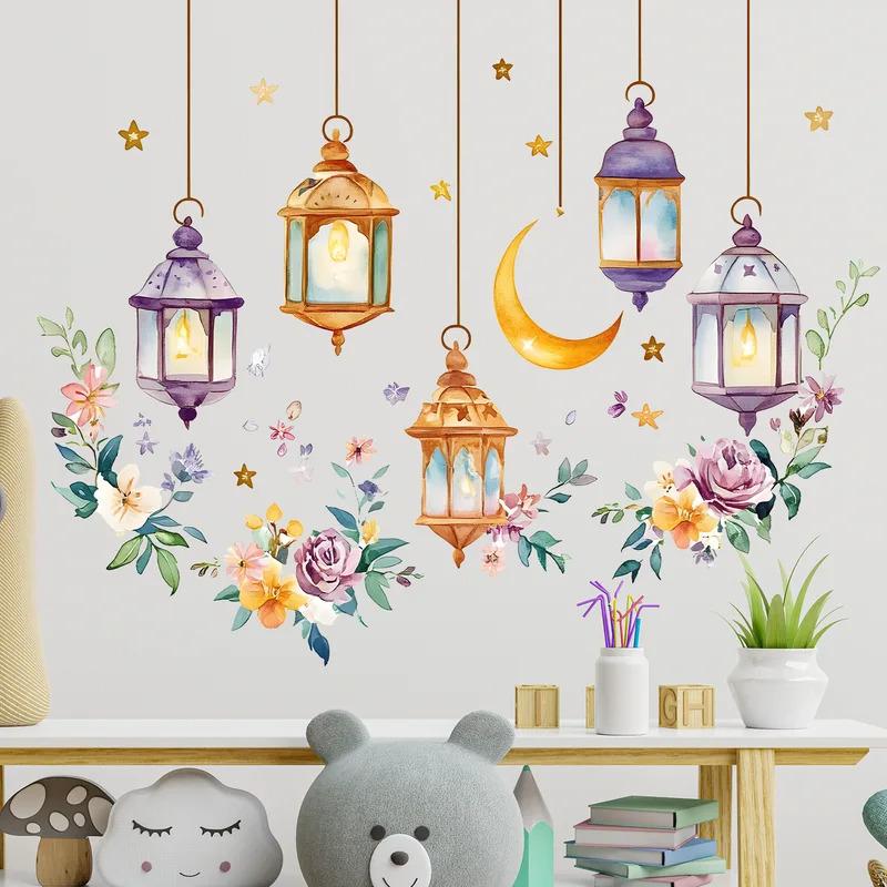 Watercolor Botanical Floral Moon Pendant Light Ornament Living Room Entryway Wall Decor Middle Eastern Wall Decals