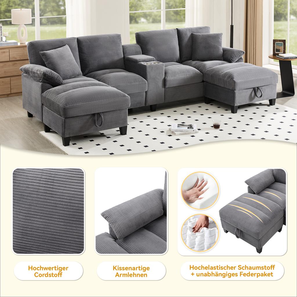 4-Seater Sofa in U-Shape with Storage, Corduroy Fabric, Stainless Steel Drink Holders and Two USB Ports, for Living Room, Bedroom and Apartments