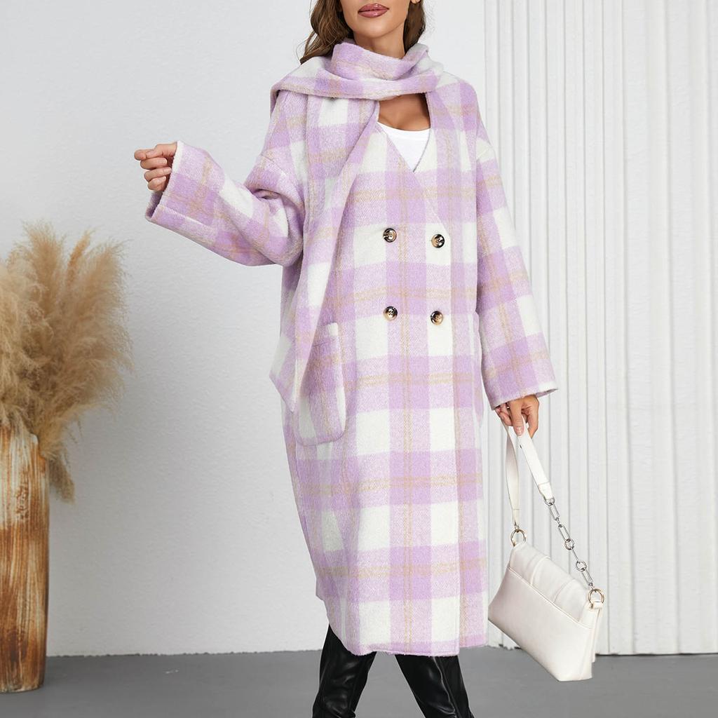 Women's Medium Long Plaid Woolen Double Breasted V-neck Scarf Jacket