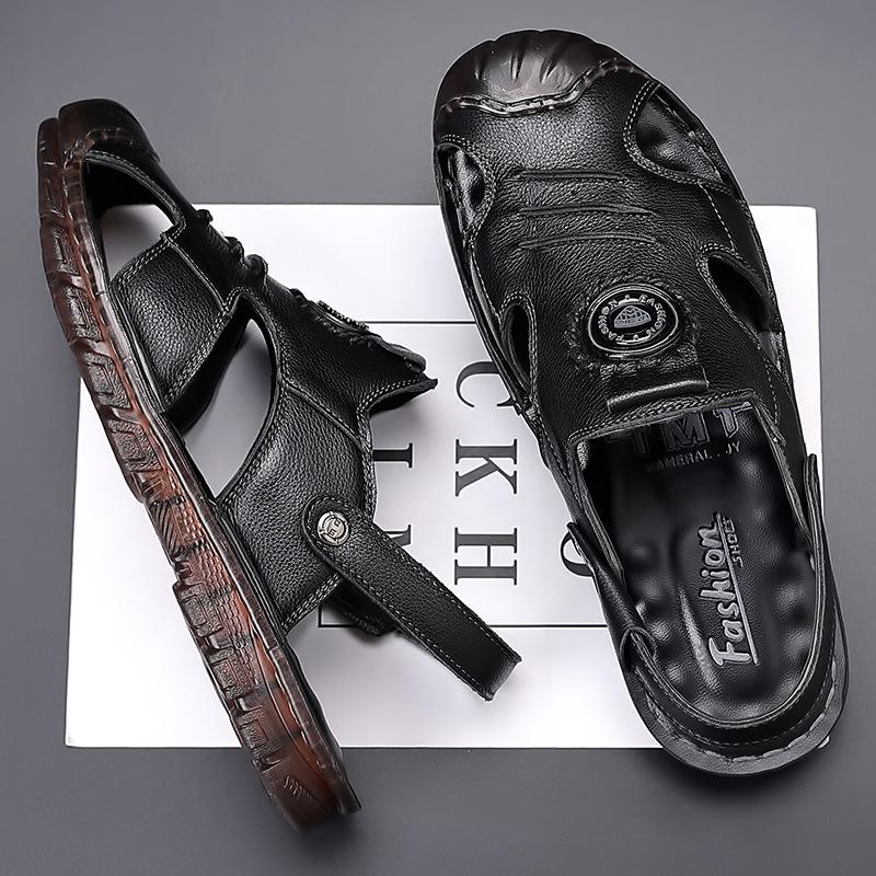 Summer new men's leather sandals dual-purpose leather handmade bag head sandals men's non-slip soft-soled beach shoes sandals tide