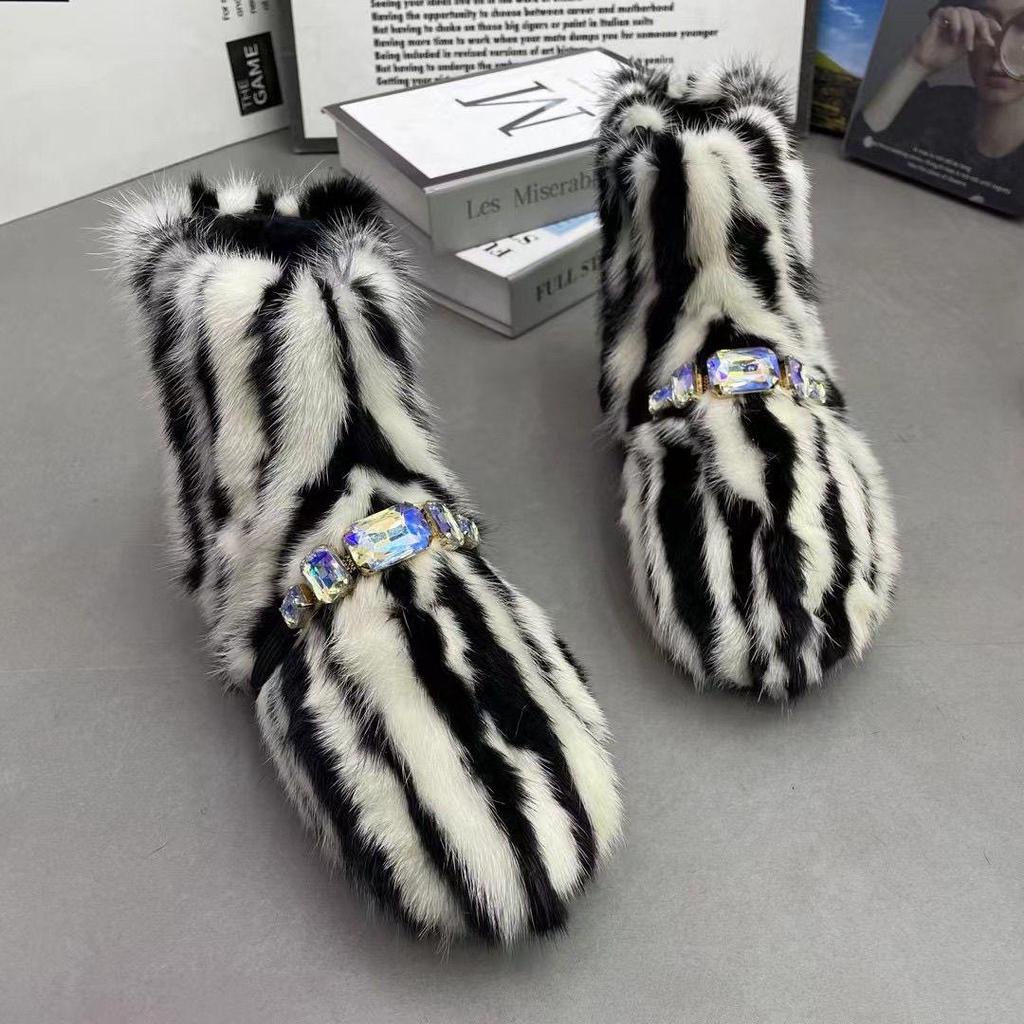 Fashion Women Mink Fur Flat Casual Shoes Ankle Winter Warm Snow Boots Crystal Decor Outside Footwear Short Boots Black