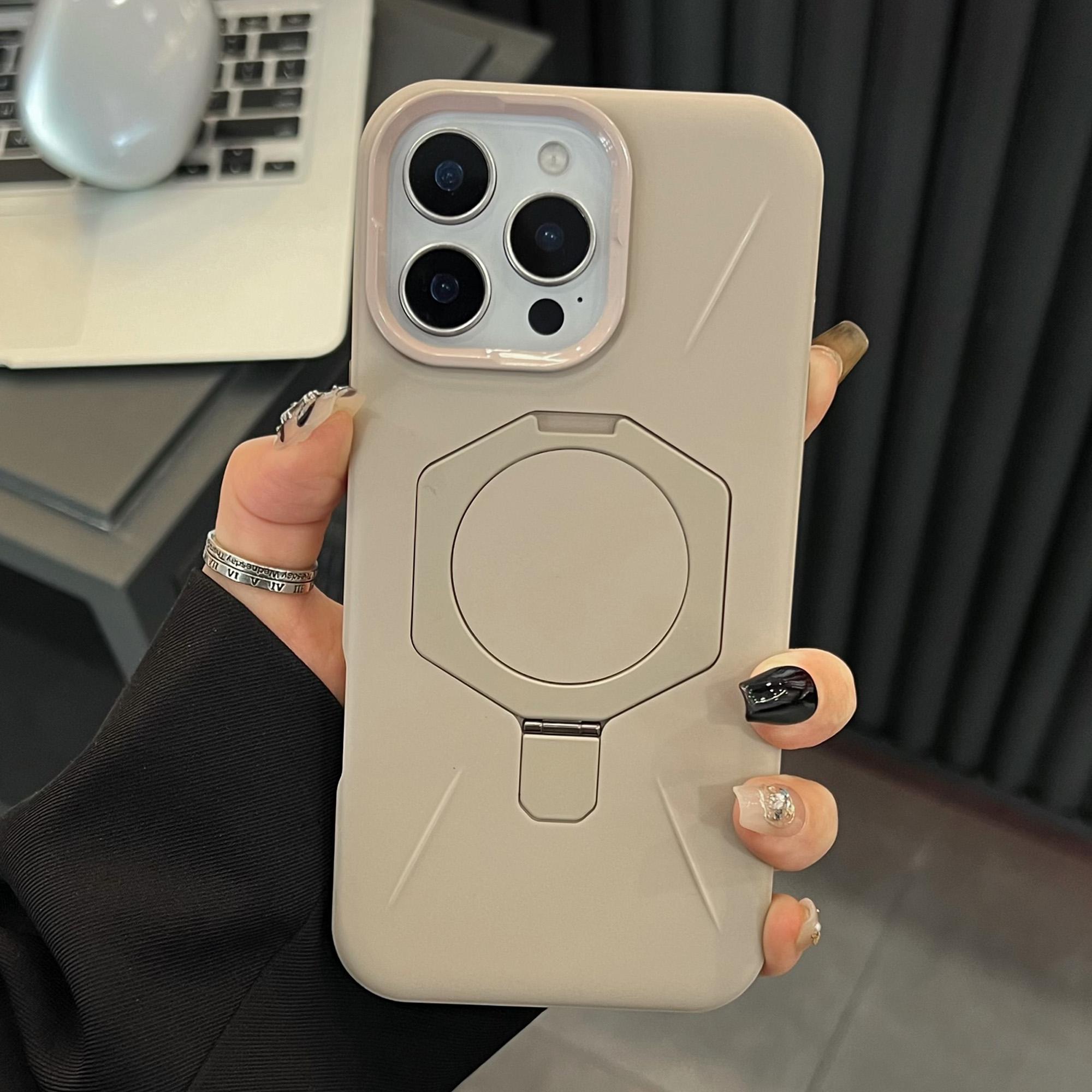 

For iPhone 16 Pro Magnetic Case TPU+PC Rhombus Kickstand Phone Back Cover Beige