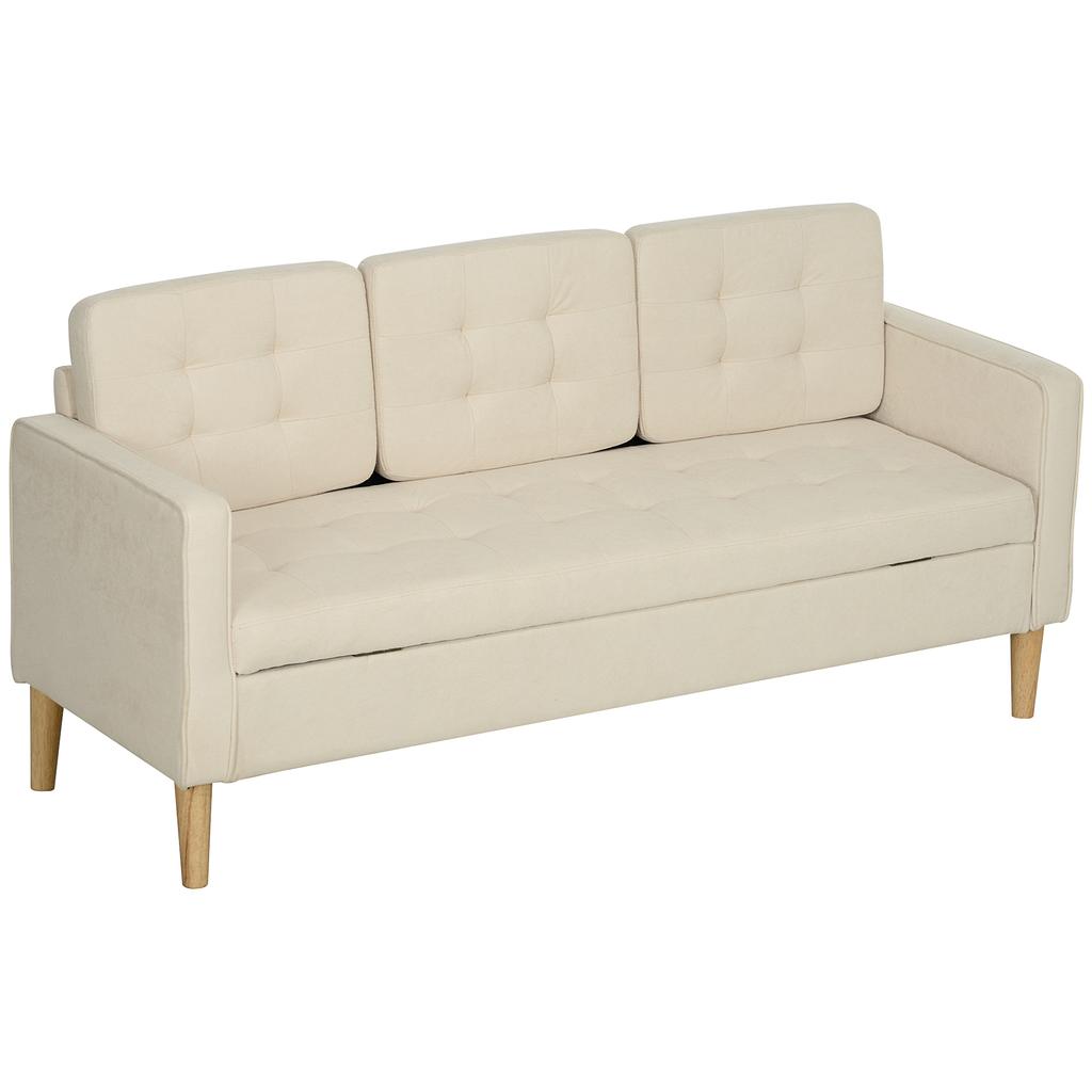 3-Seater Sofa In Snow Flannel, Modern Sofa with Hidden Storage, Tufted Backrest, 166.5 X 62 X 82 Cm, Cream