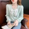 Spring and Autumn Women's Collar Bow Slimming Long Sleeved Shirt Loose Fitting Pullover Top