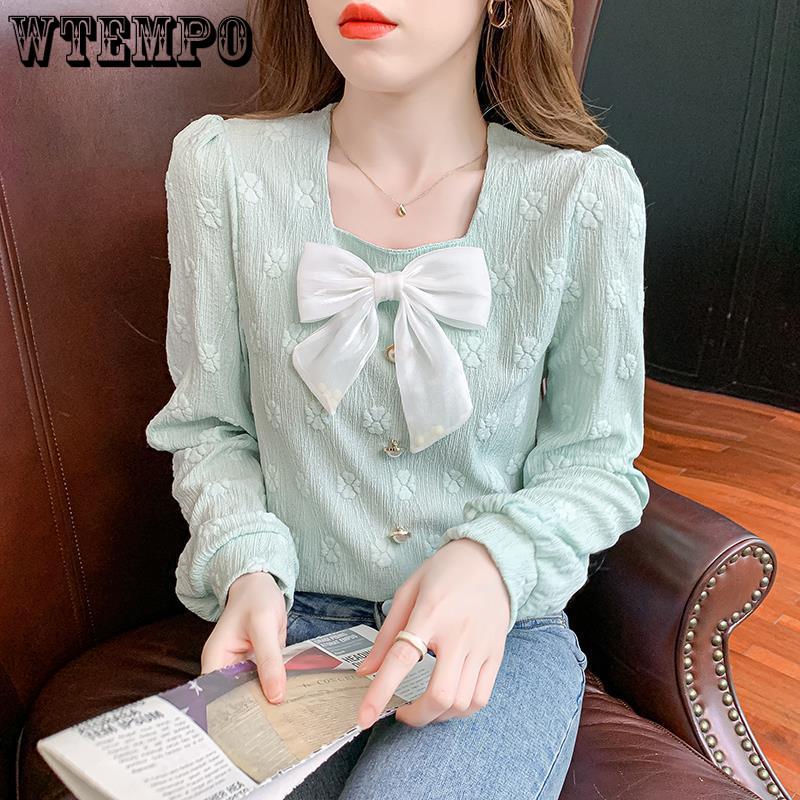 Spring and Autumn Women's Collar Bow Slimming Long Sleeved Shirt Loose Fitting Pullover Top