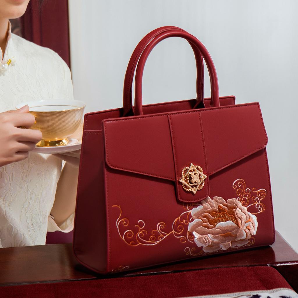National Style Embroidery Red Niche Wedding Bag Bridal Women'S Bag Mom Bag Engagement Handbag Large Capacity
