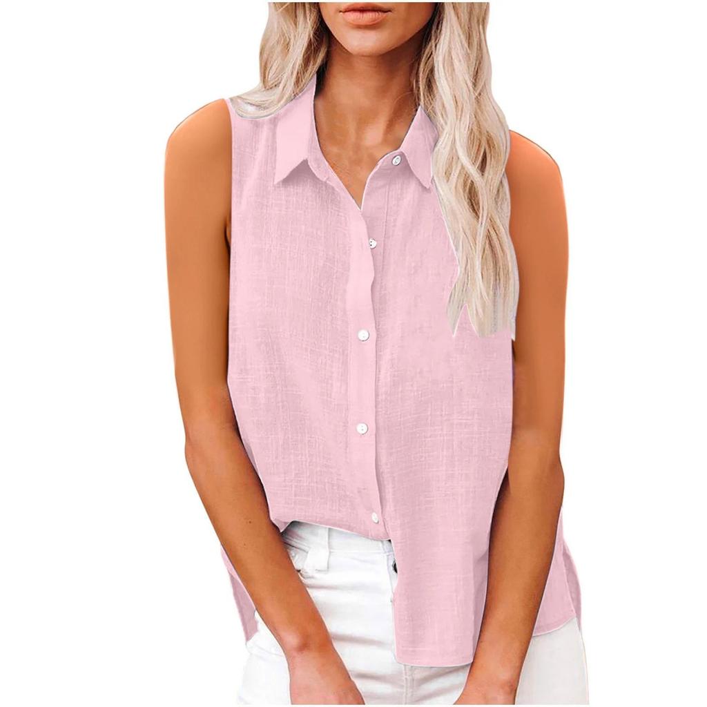 Women's Fashion Casual -Colour Sleeveless Cardigan Collar Cotton-Linen Button-Down Shirt T-Shirt Top