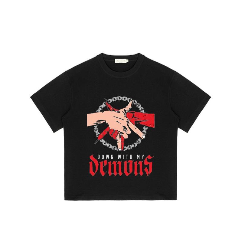 Black T Shirt With Demon Hands Chain And Down With My Demons Print For Casual Streetwear Style