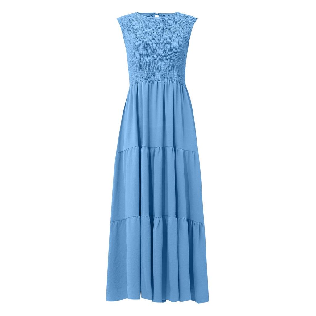 Women's Summer Casual Sleeveless Round Neck High Waist Swing A Line Dress