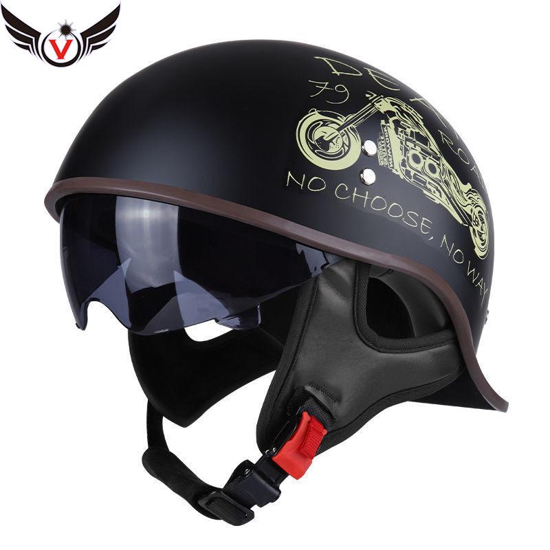 Motorcycle Helmet Men's Summer Half Helmet Retro Women's Electric Car, Locomotive Lightweight Scoop Helmet with Endoscope