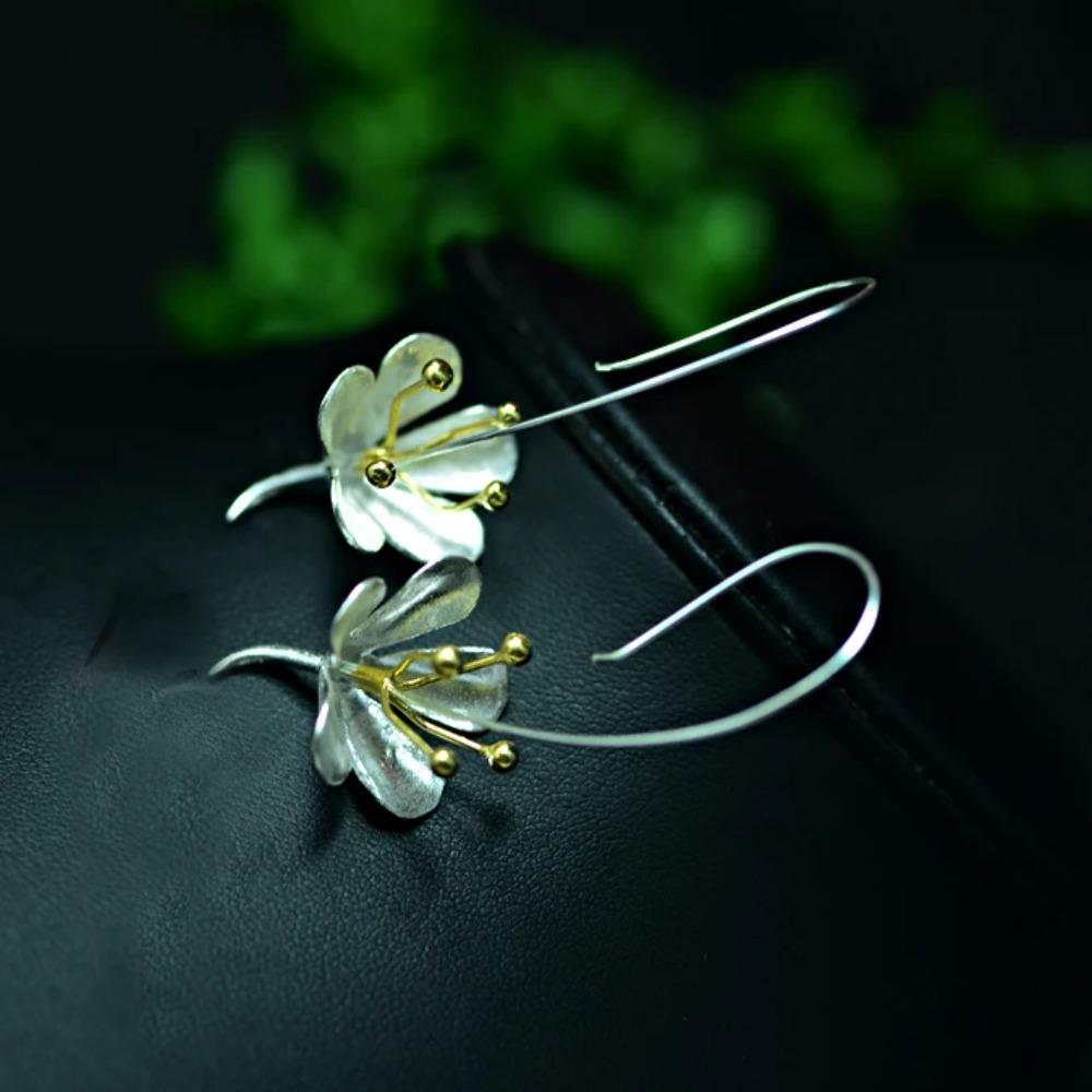 925 Silver Long Flower Earrings Elegant Lady Prevent Allergy Fashion Jewelry New Design