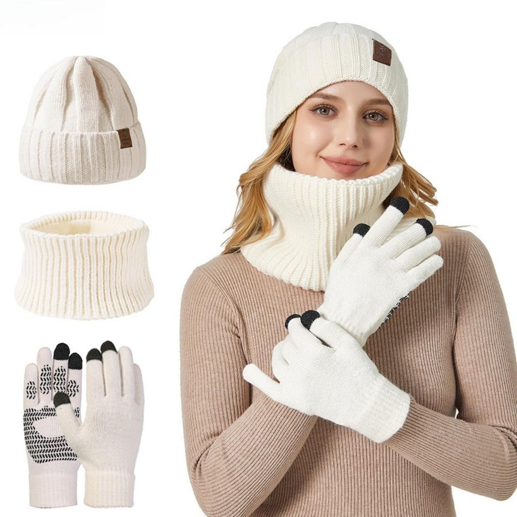 Men and Women, Warm Hat, Knitted Hat, Thick Scarf, Warm Gloves, Three Piece Set