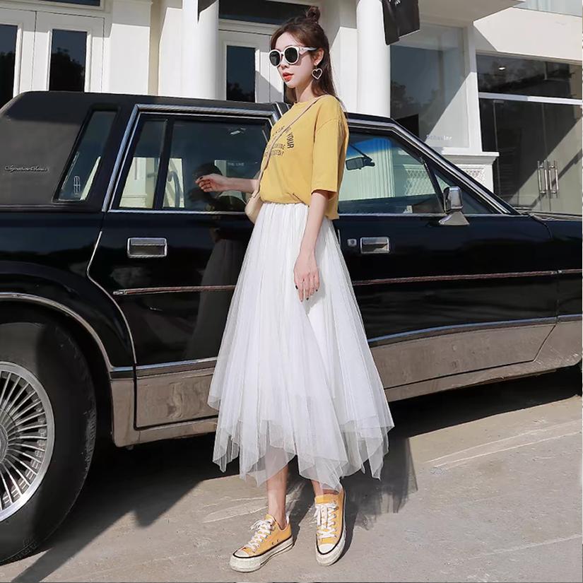 Qooth Summer Asymmetrical Pleated Skirts Elastic Waisted Tulle Midi Skirt Elegant Simple Casual SkirtQT2582
