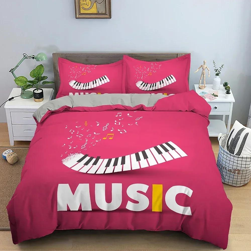 Ensemble de Literie Musical Housse de Couette Motif Clavier de Piano Note de Musique Taille Queen Linge de Lit Couette Microfibre Guitare Polyester Ensembles de Literie