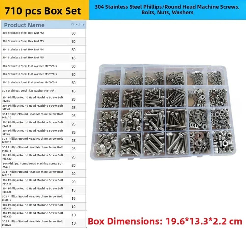 304 Stainless Steel 710 Piece Screw Bolt Nut and Washer Collection Round Head Screws for Workshop Organization