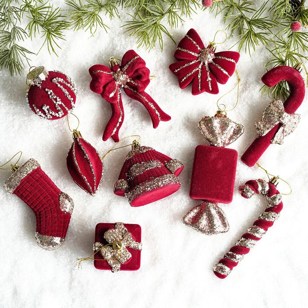 2PCS Wine Red Color Christmas Ornament Flocked Surface Xmas Decor Hanging Pendant Holiday Party