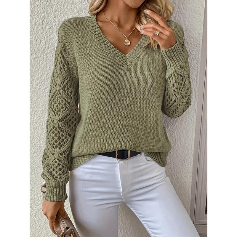 V-Ausschnitt Lochmuster Damen Strickpullover Einfarbig Langärmelige Pullover Neu Gemütlich Koreanischer Stil Damen Bequeme Kleidung