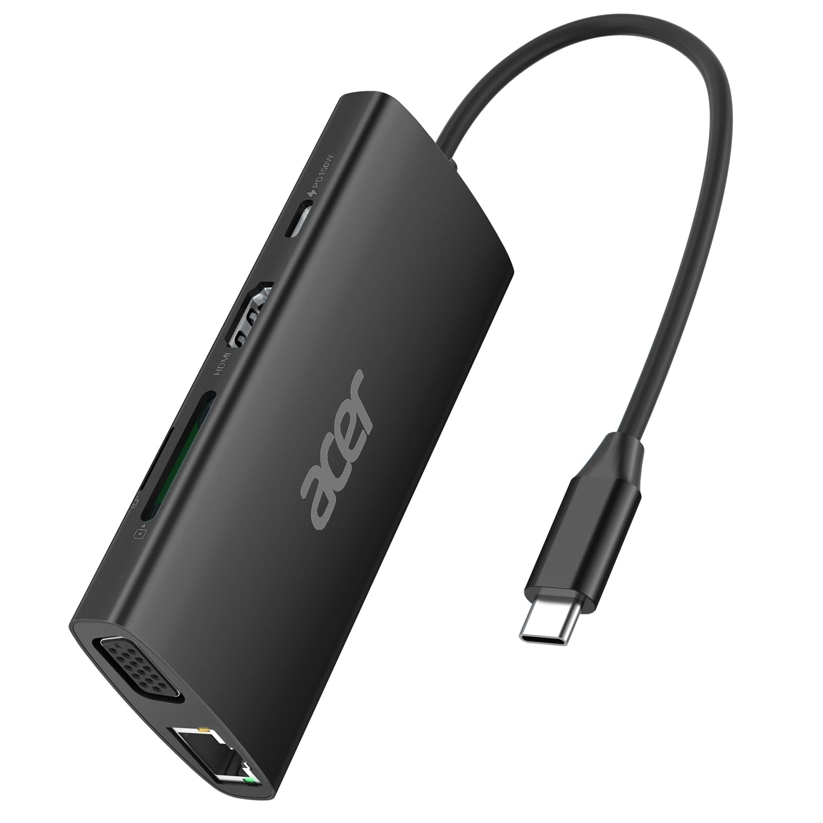 

Acer USB C Хаб HDMI Хаб для передачи данных Порт 4K HDMI PD100W Порт VGA 1080p Высокоскоростная передача данных 5 Гбит/с Адаптер с портом USB C Порт Ethernet LAN Кардридер SD USB чёрный
