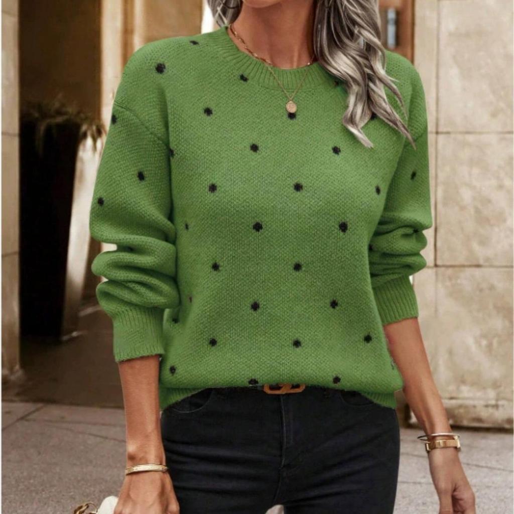 Women's Sweaters, Fashion Round Neck, Long-sleeved Pullover Sweaters, Women's Polka Dot Knitwear Tops
