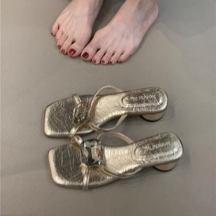 Fairy style women's shoes French rhinestone sandals women's shoes spring and summer wear silver thick heels cool slippers high heels
