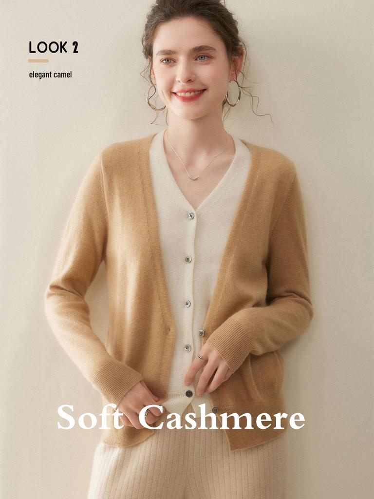 2025 Fall/Winter Women's Color Block V-Neck Cashmere Faux Two-Piece Cardigan