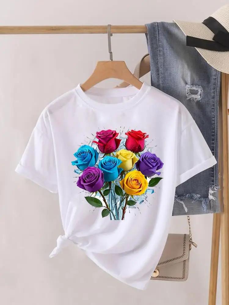 Short Sleeve Women Print Summer TShirt Fashion Clothing Graphic T-shirts Watercolor Flower Cute Clothes Lady Casual Tee
