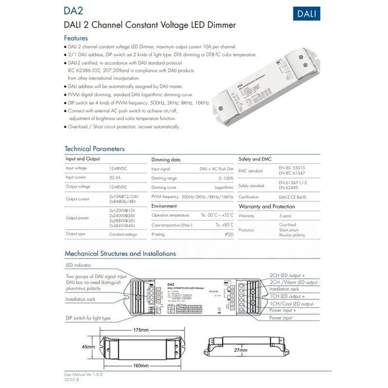 SHGO-DA2(DT6/DT8) Skydance 2 Channel For LED Strip Light Dimmer DT6 Dimming Or DT8 Color Temperature 10A/CH Constant Voltage