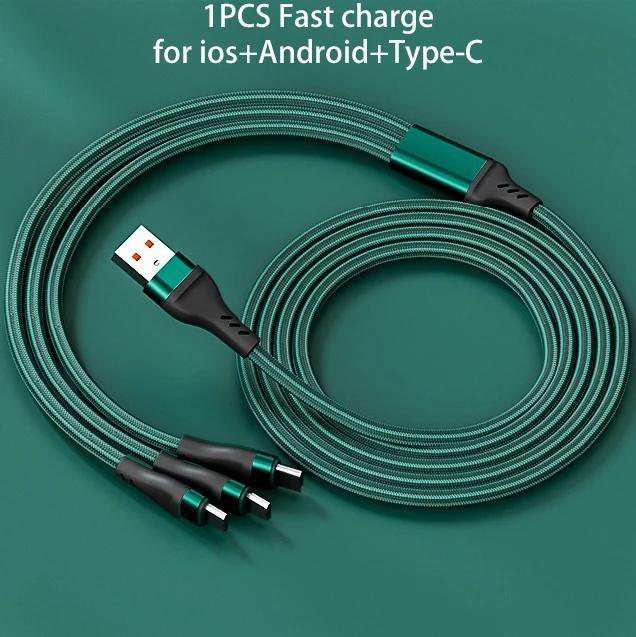 

6A 3n1 нейлоновый шнур для быстрой зарядки для Micro USB iPhone TYPE-C универсальный плетеный кабель для передачи данных универсальное зарядное устройство с несколькими портами 1.2M