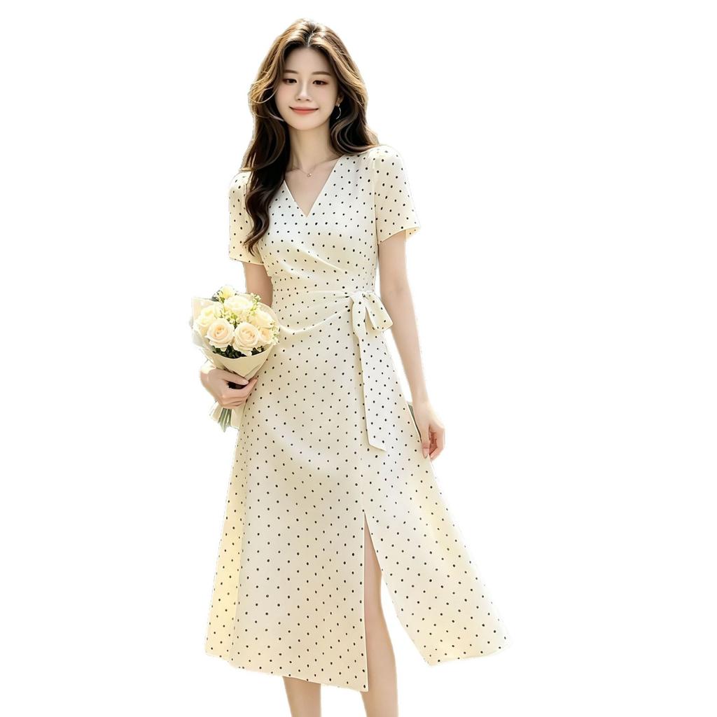 New French Elegant Style Fashion Temperament Polka Dot Waist Dress V-Neck Short Sleeve Skinny Medium and Long Dress