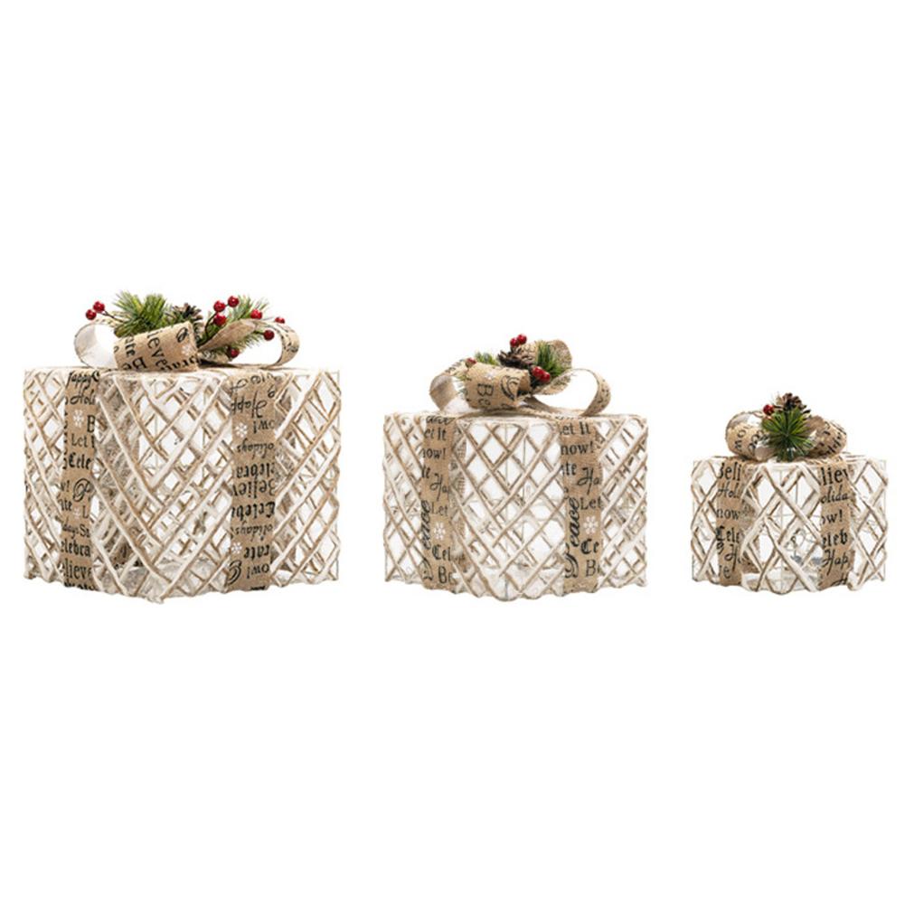 Set Of 3 Christmas Light Up Boxes Decoration Plastic Plush Decorative DIY Christmas Kit Festive & Party Supplies Decoration