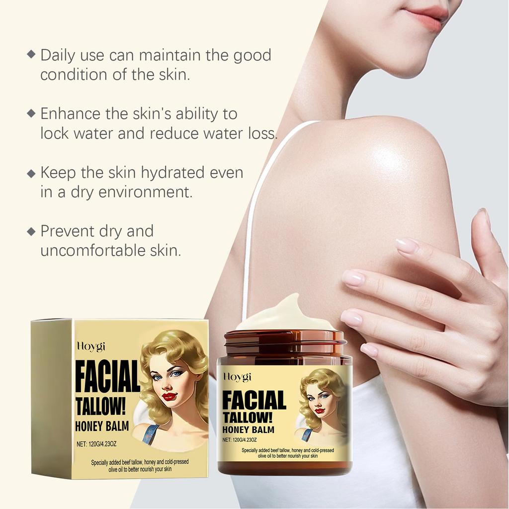 Hoygi Facial Tallow Honey Balm 120g, Deep Hydrating Face & Body Cream, Lock Moisture, Nourish Dry Skin, Gentle Non Greasy Balm for Sensitive Skin
