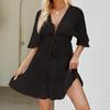 European & American Vacation Sun Protection Sheer Ruffle Bikini Cover-up Dress with Drawstring Waist.