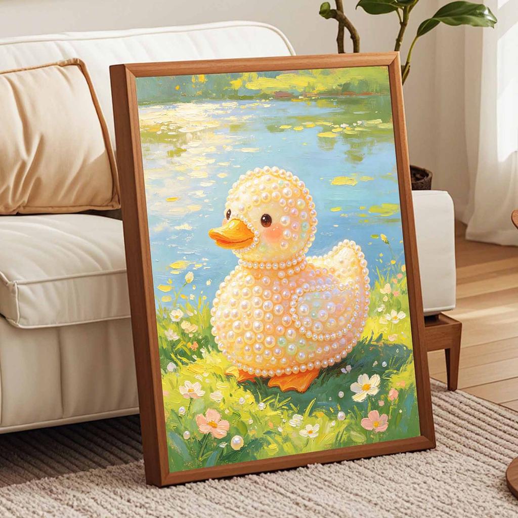DIY Framed Pearl Painting Kit Cute Duckling Pattern Sparkling Bead Canvas Art for Living Room Decoration Wall Hanging Craft Gift Decor Set