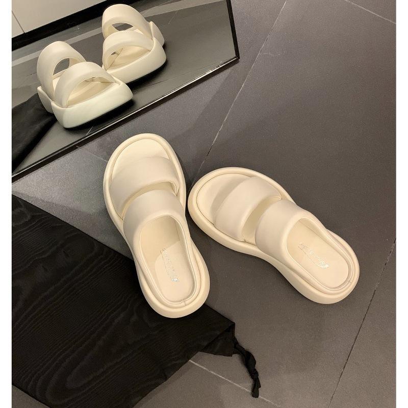 Leather version cloud bubble double belt bread casual thick bottom heightening slippers women's summer wear cool slippers