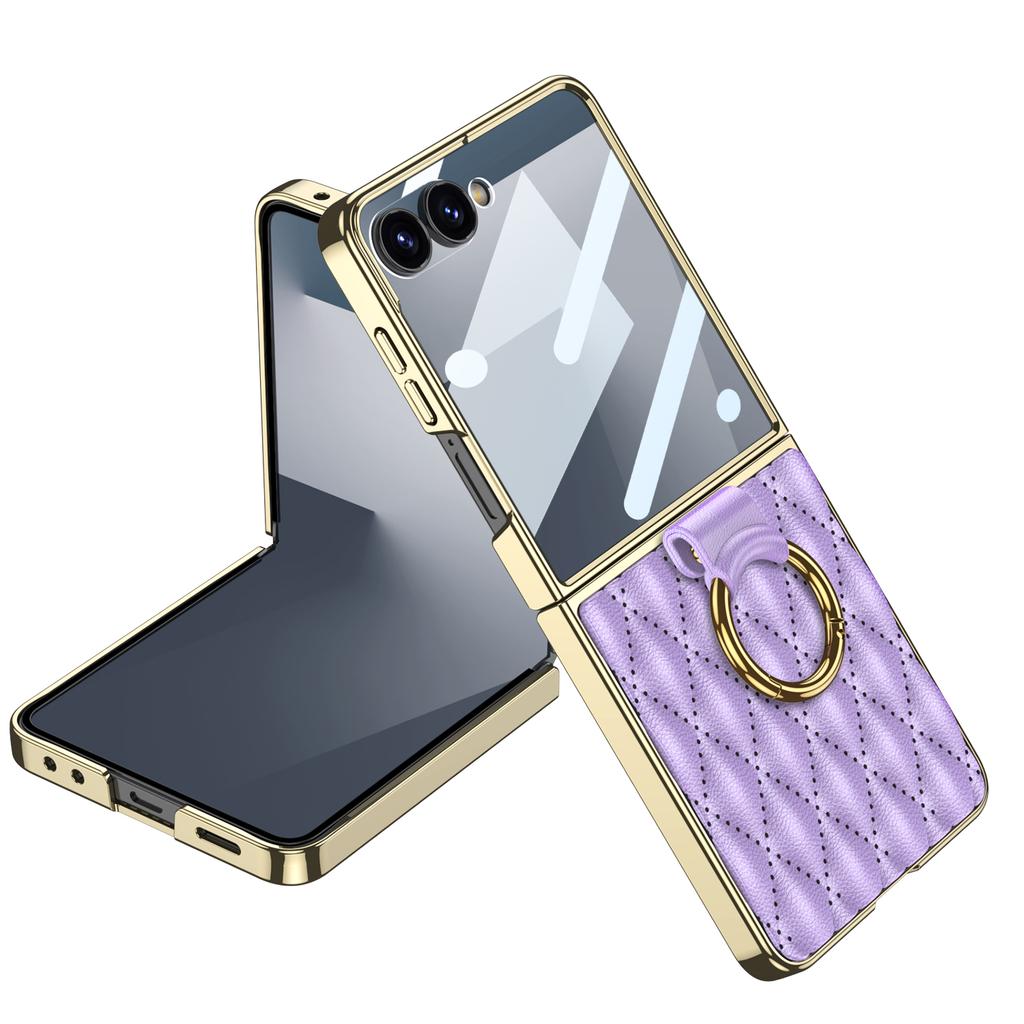 Luxury Diamond Leather Ring Holder Case for Samsung Galaxy Z Flip 7 6 5 Screen Glass Plating Edge Cover for Galaxy Z Flip7 Case